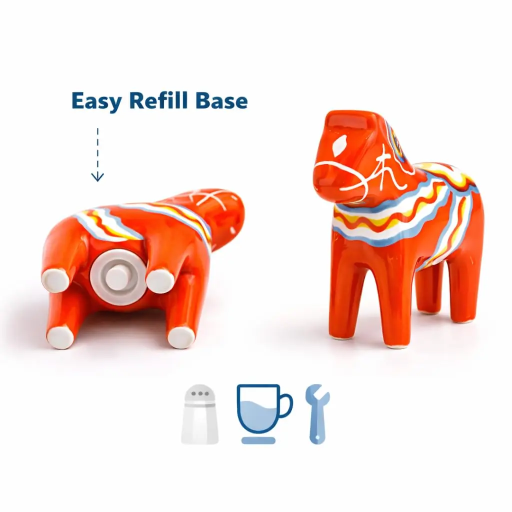 Essence of Europe Gifts Swedish Dala Horse Salt & Pepper Shaker Set 3.25" Ceramic Orange-Red | Scandinavian Home Decor - view 4