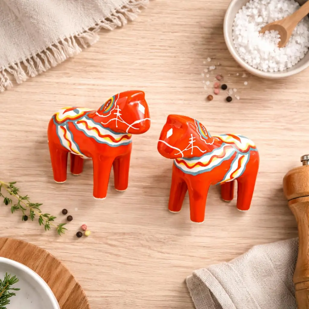 Essence of Europe Gifts Swedish Dala Horse Salt & Pepper Shaker Set 3.25" Ceramic Orange-Red | Scandinavian Home Decor - view 8