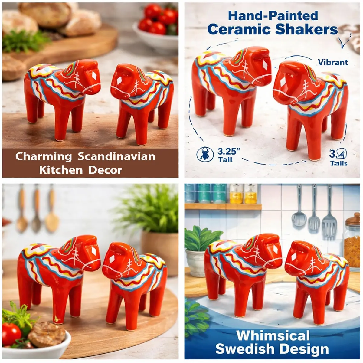 Essence of Europe Gifts Swedish Dala Horse Salt & Pepper Shaker Set 3.25" Ceramic Orange-Red | Scandinavian Home Decor - view 2