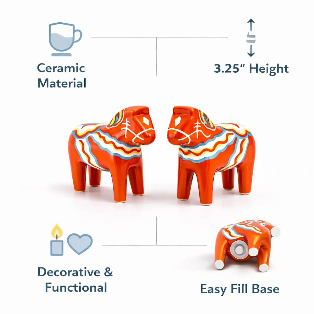 Essence of Europe Gifts Swedish Dala Horse Salt & Pepper Shaker Set 3.25" Ceramic Orange-Red | Scandinavian Home Decor - view 3