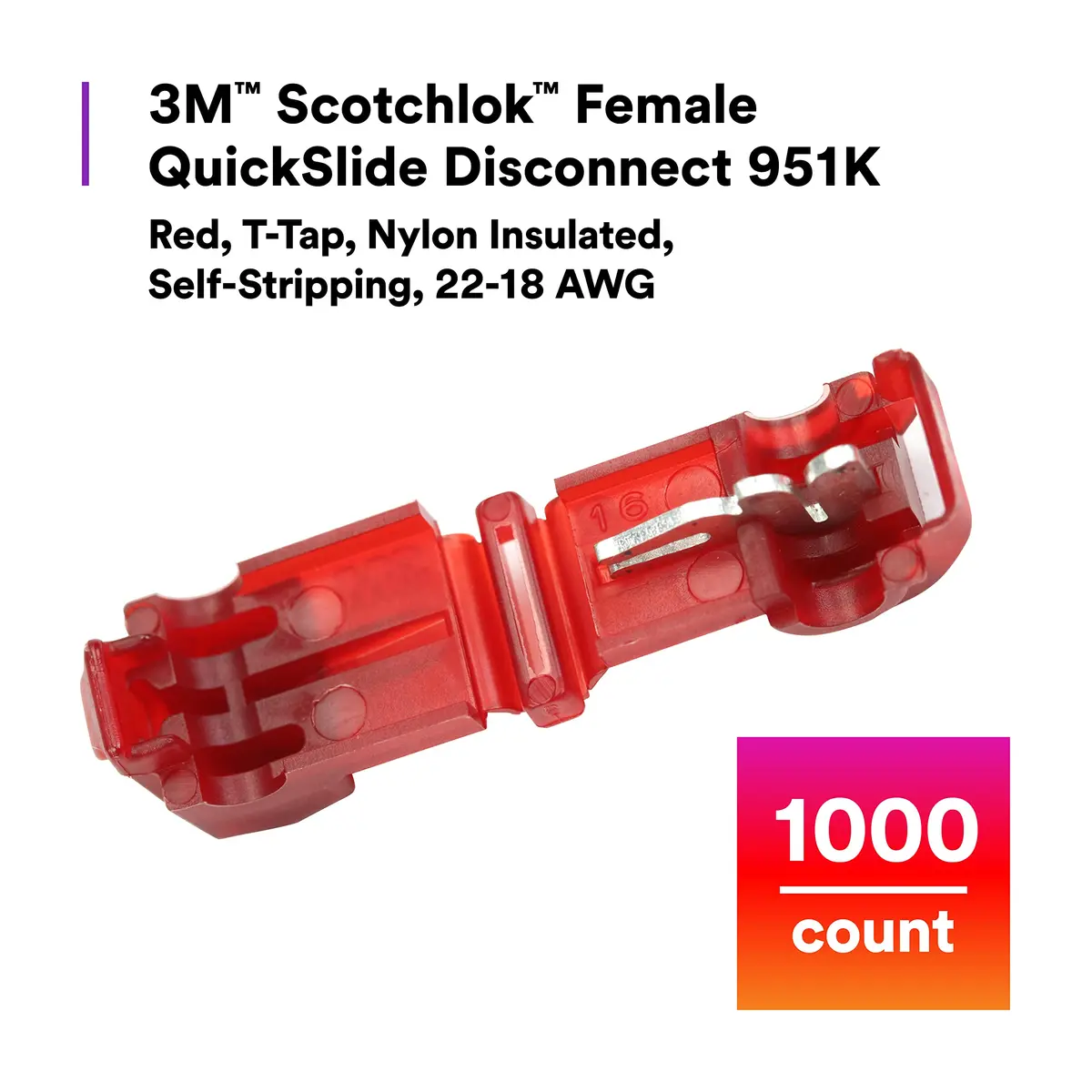3M Female QuickSlide Disconnect 951K, Red, Nylon Insulated, 22-18 AWG | Reusable, RoHS & UL Certified (70-120 chars) - view 2
