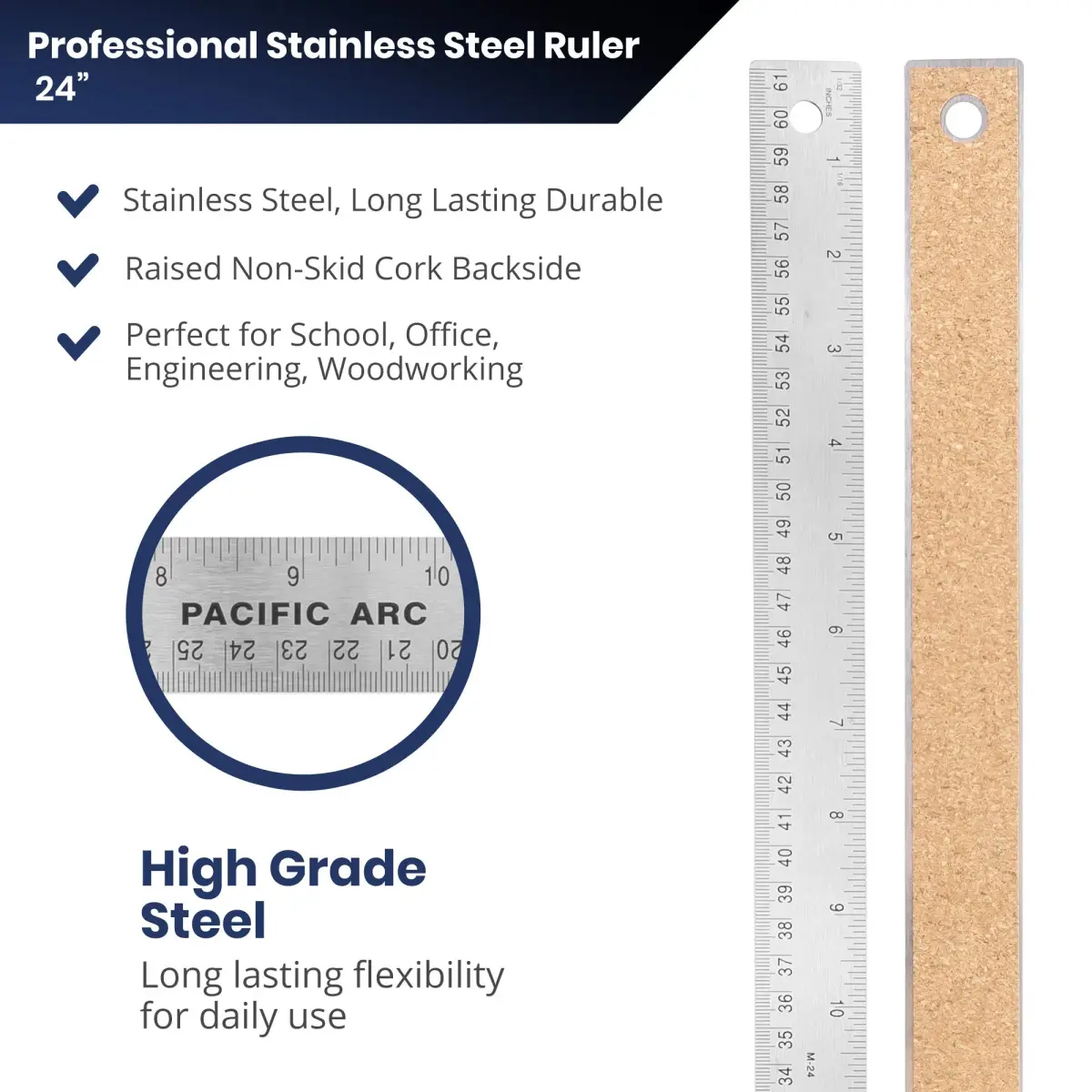 Pacific Arc Stainless Steel 24 Inch Metal Ruler with Cork Back & Metric Graduations | Precise Measuring Tool - view 3