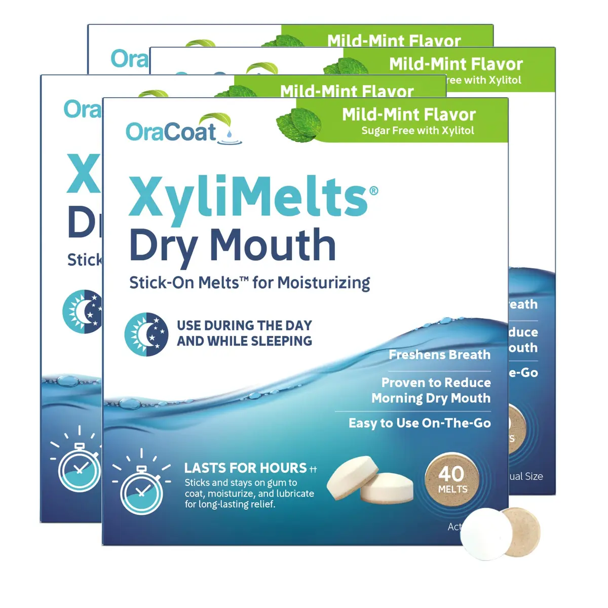 OraCoat XyliMelts for Dry Mouth Relief with Xylitol 40 Ct - 4 Pk, Mild Mint | Long-Lasting Moisture & Natural Sugar-Free Relief - main product image