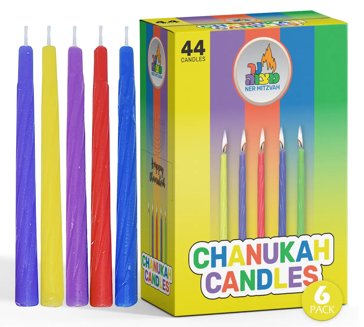 Ner Mitzvah Colorful Chanukah Candles 6-Pack - Standard Size Fits Most Menorahs - Premium Quality Wax - Assorted Colors - main product image
