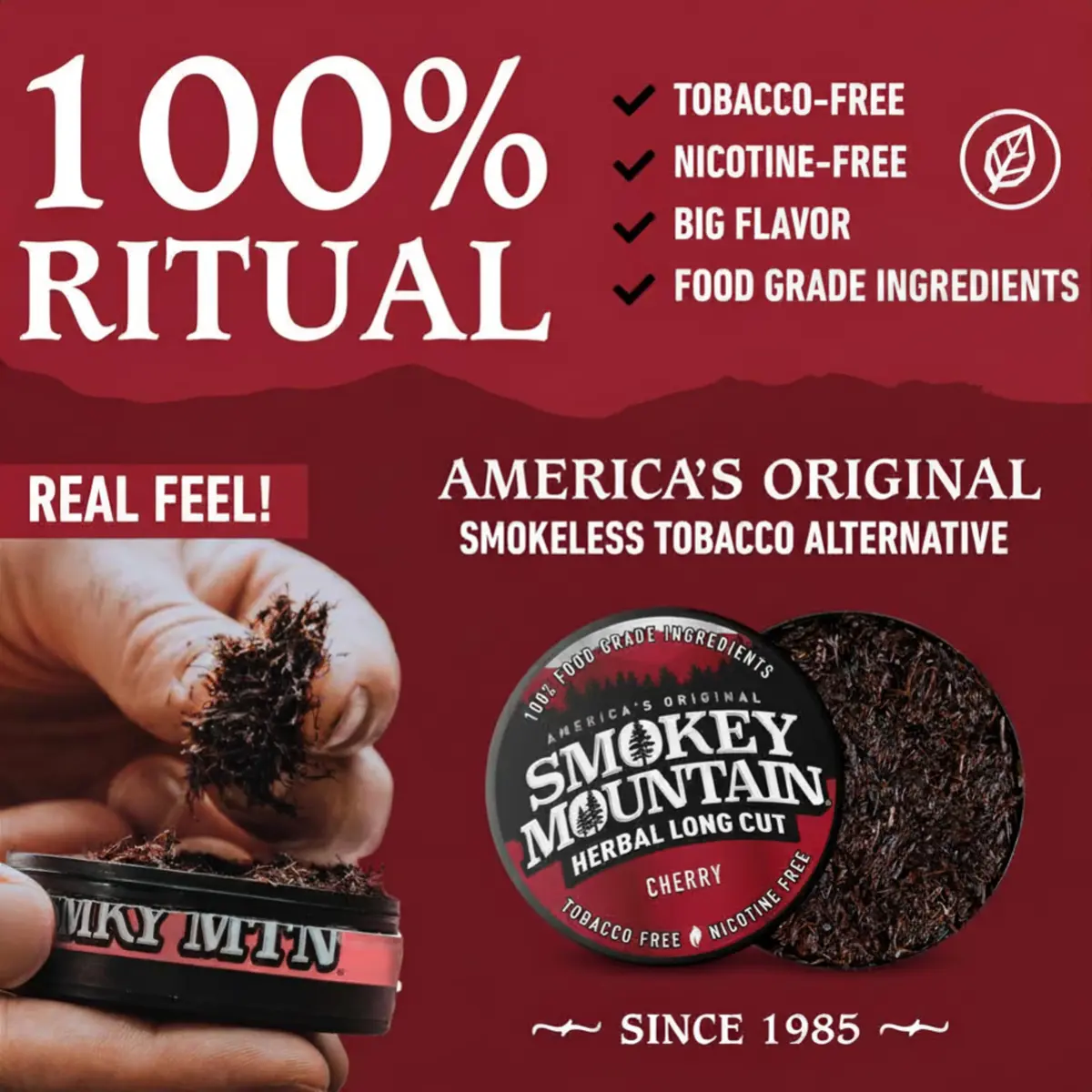 Smokey Mountain Herbal Long Cut Cherry, 5 Can Box | Tobacco-Free Nicotine-Free Herbal Chew - view 3