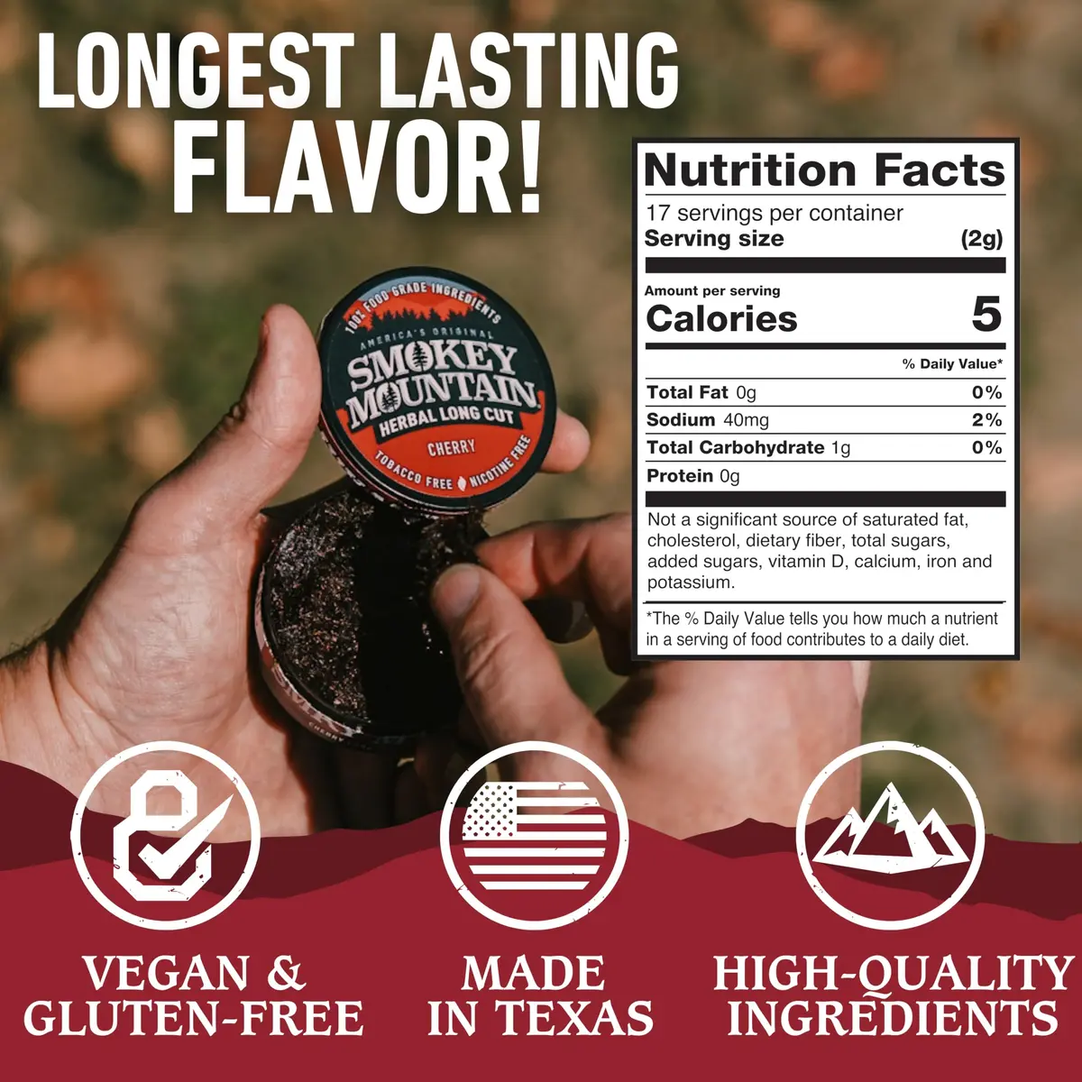Smokey Mountain Herbal Long Cut Cherry, 5 Can Box | Tobacco-Free Nicotine-Free Herbal Chew - view 4