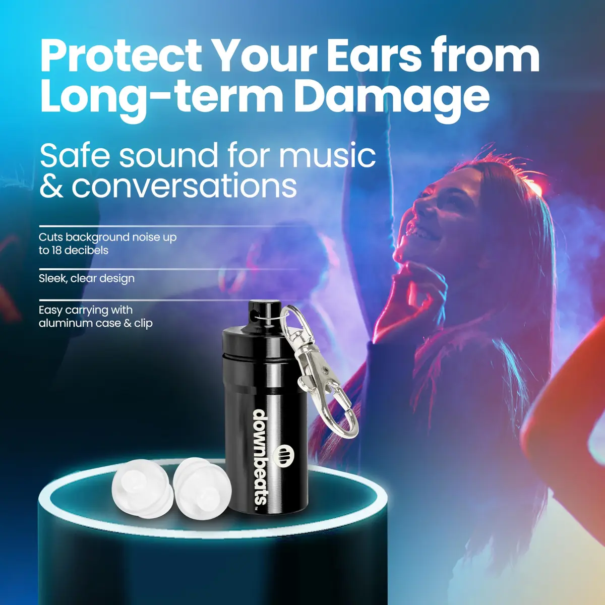 DownBeats Clear Earplug High Fidelity Ear Plugs for Concerts, Festivals & Noisy Events - 18dB Noise Reduction with Aluminum Case - view 2