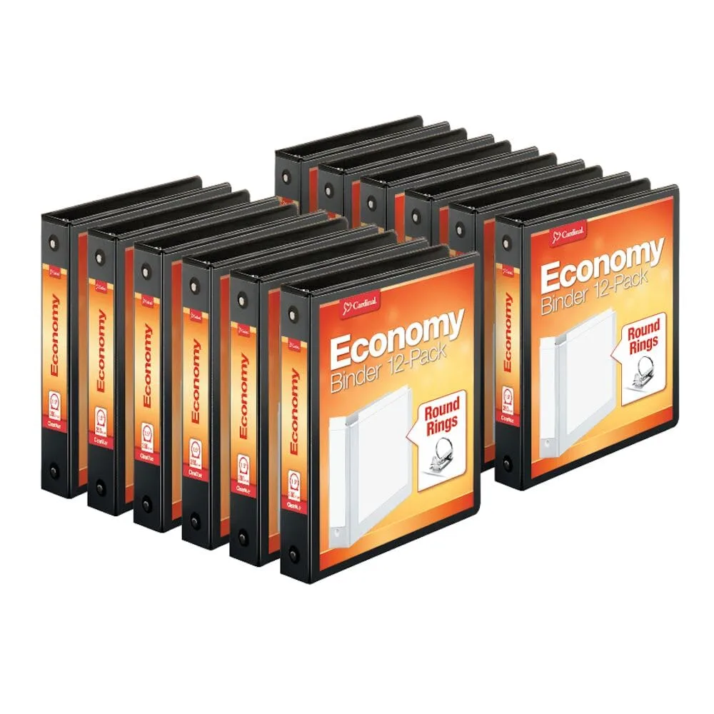 Cardinal Economy 3-Ring Binders, 1.5 Inch Round Rings, Holds 350 Sheets, ClearVue Presentation View, Black, Carton of 12 - main product image