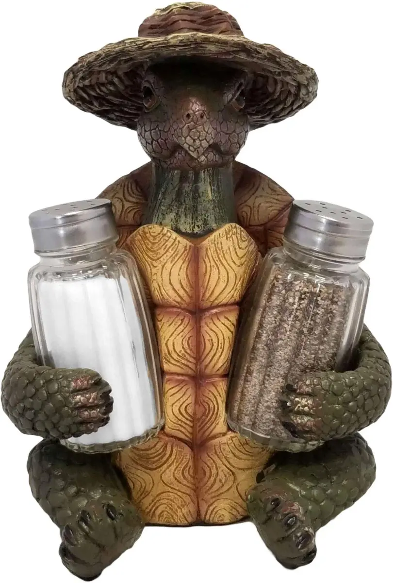 DWK 7-inch Turtle Soup Collectible Figurine with Straw Hat Salt and Pepper Shaker Holder Set 1.2 lb (0.54 kg) | Whimsical Kitchen Decor - main product image