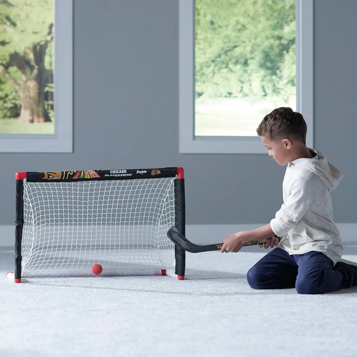 Franklin Sports NHL Chicago Blackhawks Mini Hockey Goal, Stick and Ball Set | Ages 3+ Indoor Knee Hockey - view 2