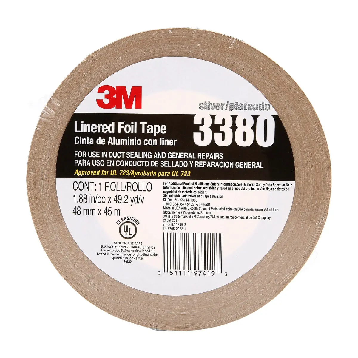 3M Aluminum Foil Tape 3380 Silver 48 mm x 45 m | High-Temperature, Weather-Resistant Sealant - view 2