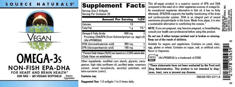 Source Naturals Vegan Omega-3s 300 mg | Vegetarian EPA-DHA for Heart & Brain Support (70-120 chars) - view 4