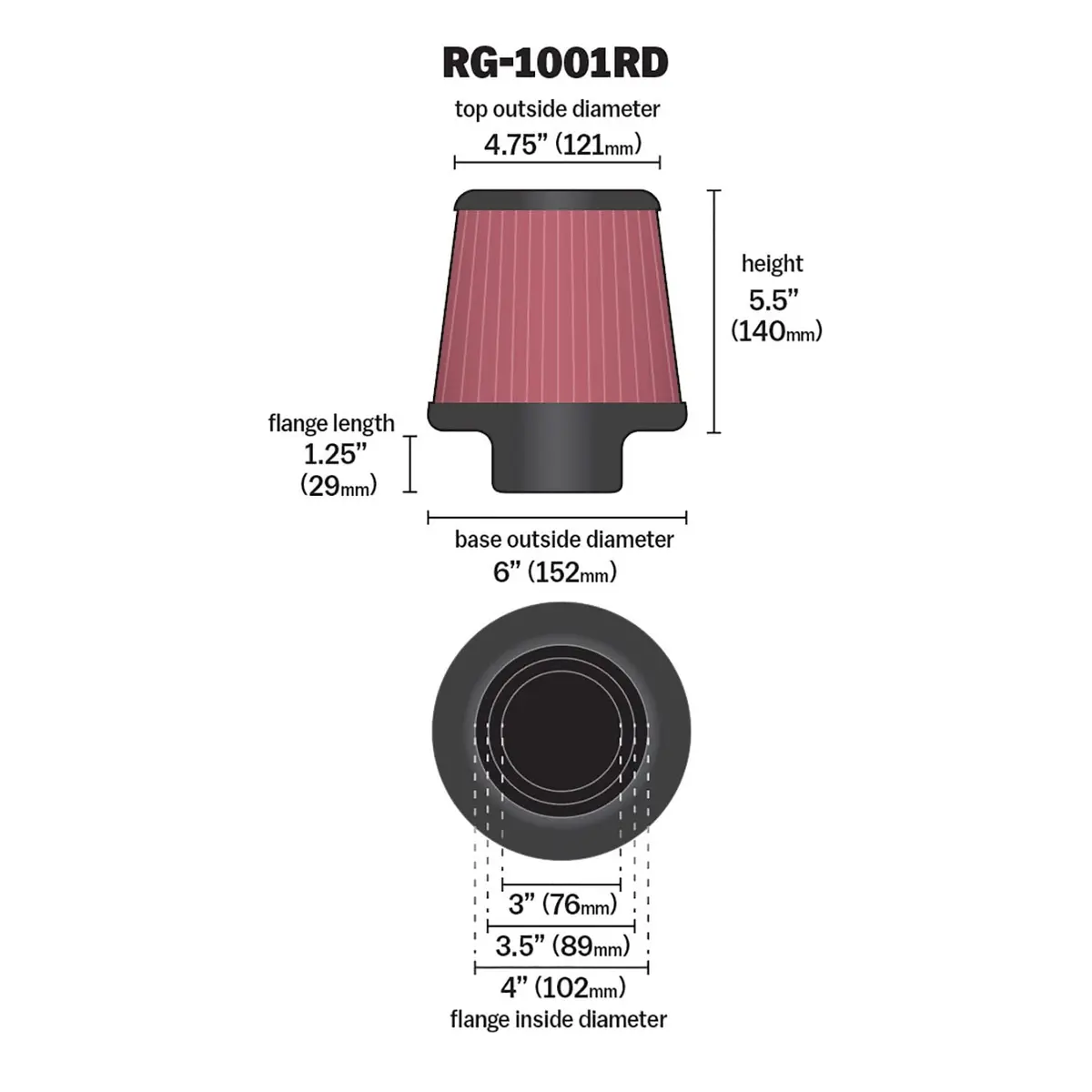 K&N High-Flow Universal Clamp-On Air Filter RG-1001RD | 156 mm (5.5 In) Height, 101.6 mm (4 In) Flange Diameter - view 2