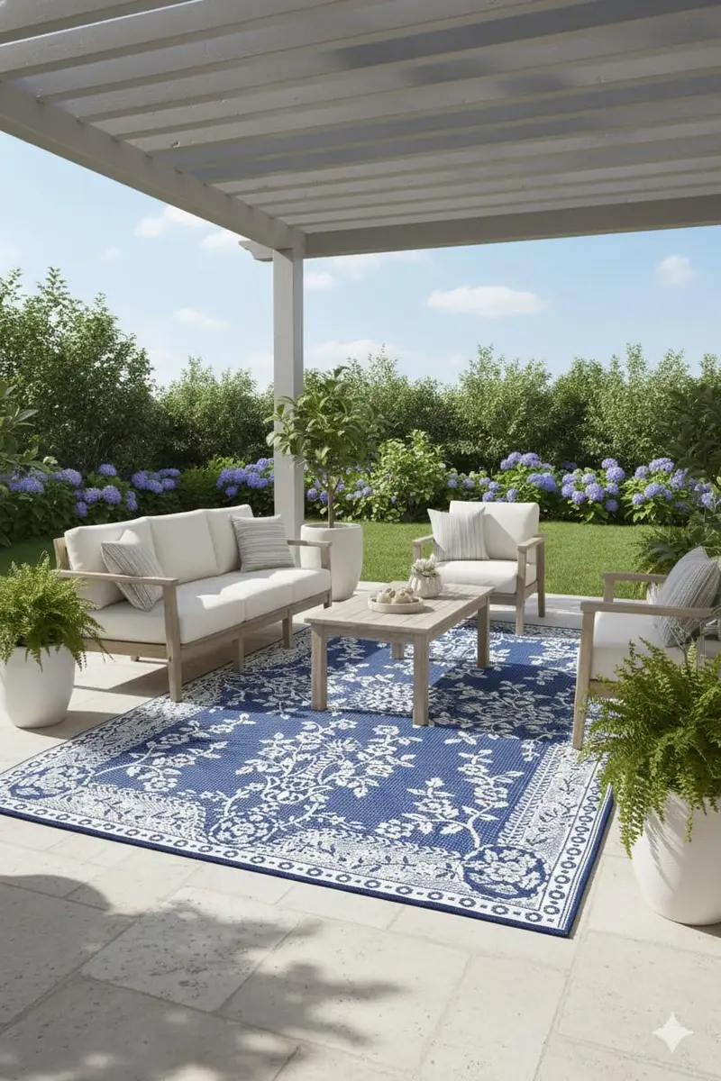 Mad Mats Outdoor Rug, Reversible Plastic Mat for Patio, Porch, Deck, Kitchen & Bath, Garland, 4' x 6', Blue White | Fade-Proof & Stain-Resistant - view 2