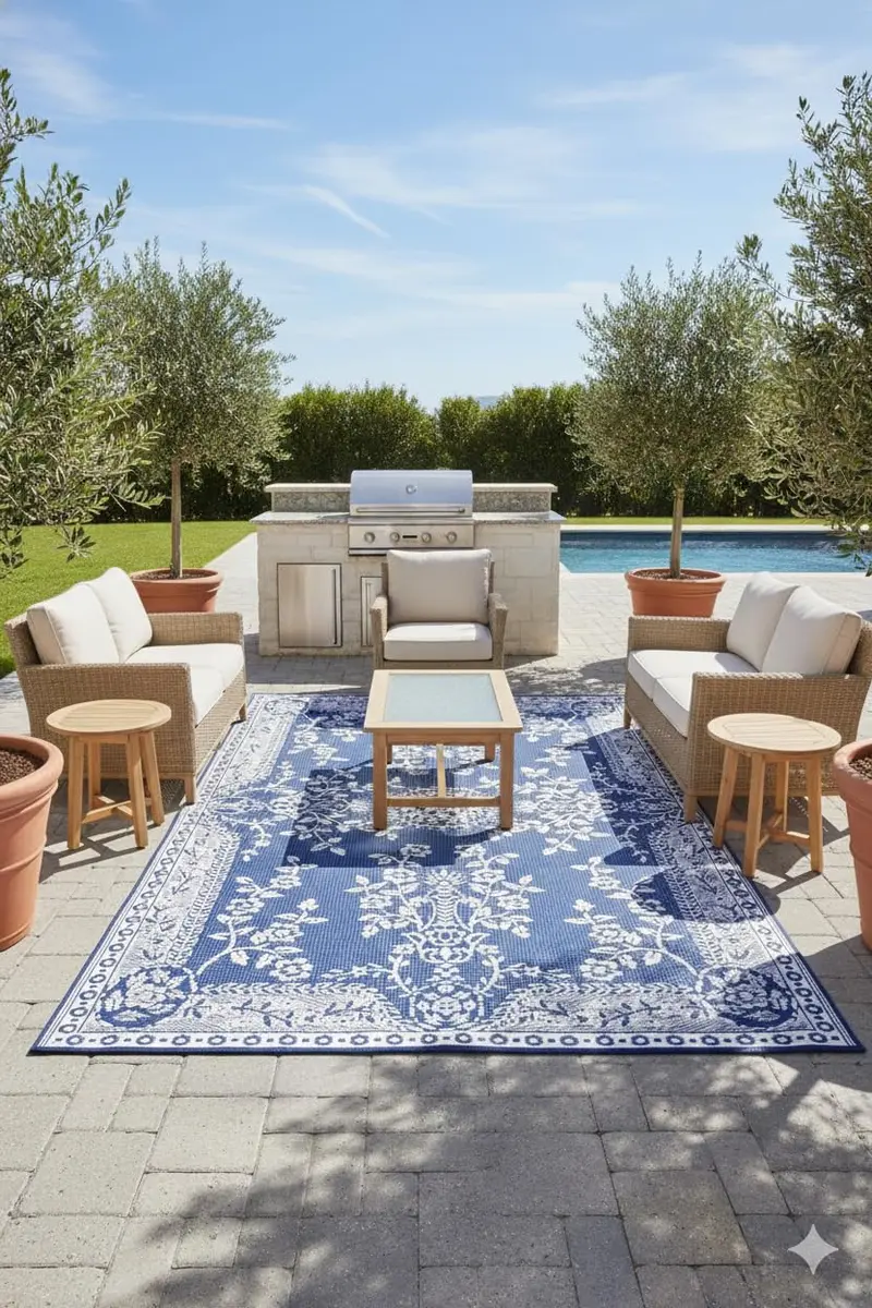 Mad Mats Outdoor Rug, Reversible Plastic Mat for Patio, Porch, Deck, Kitchen & Bath, Garland, 4' x 6', Blue White | Fade-Proof & Stain-Resistant - view 3