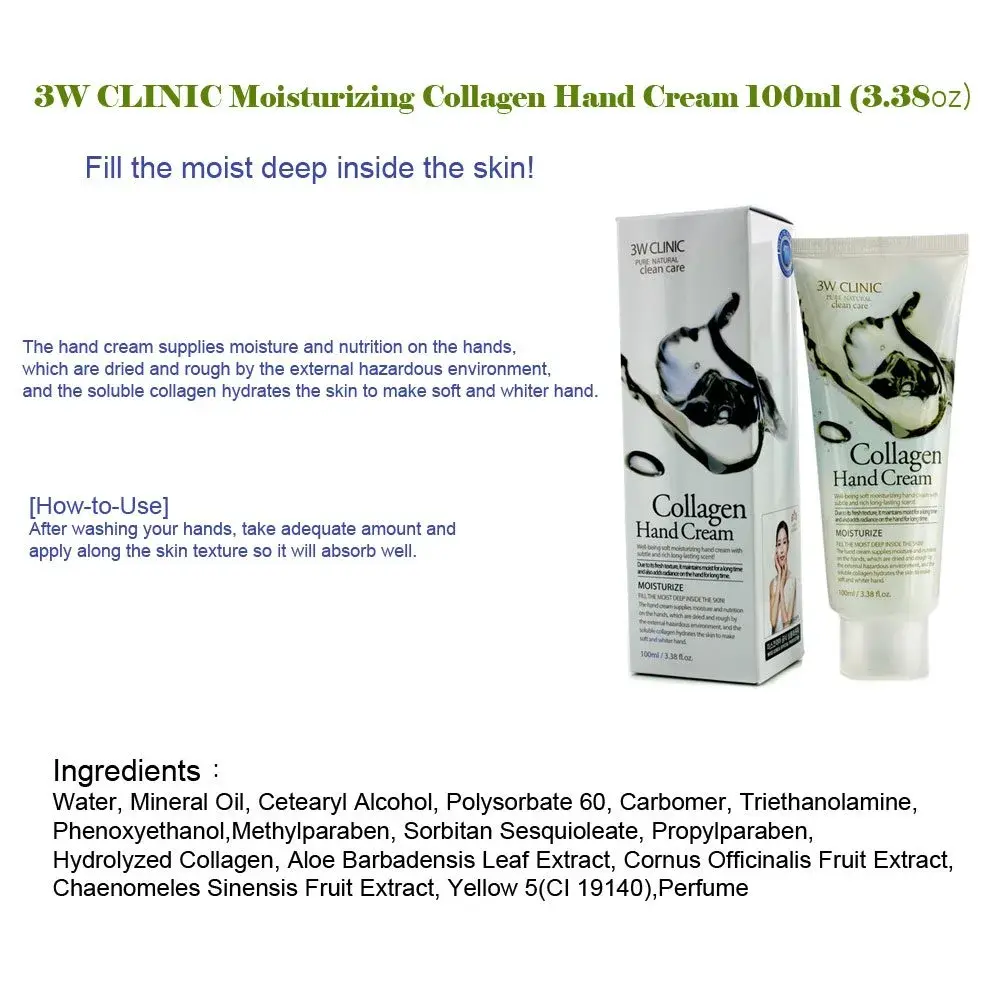 3W Clinic Hand Cream Collagen 100ml (3.38 Fl Oz) | Hydrating & Nutritional Benefits - view 2