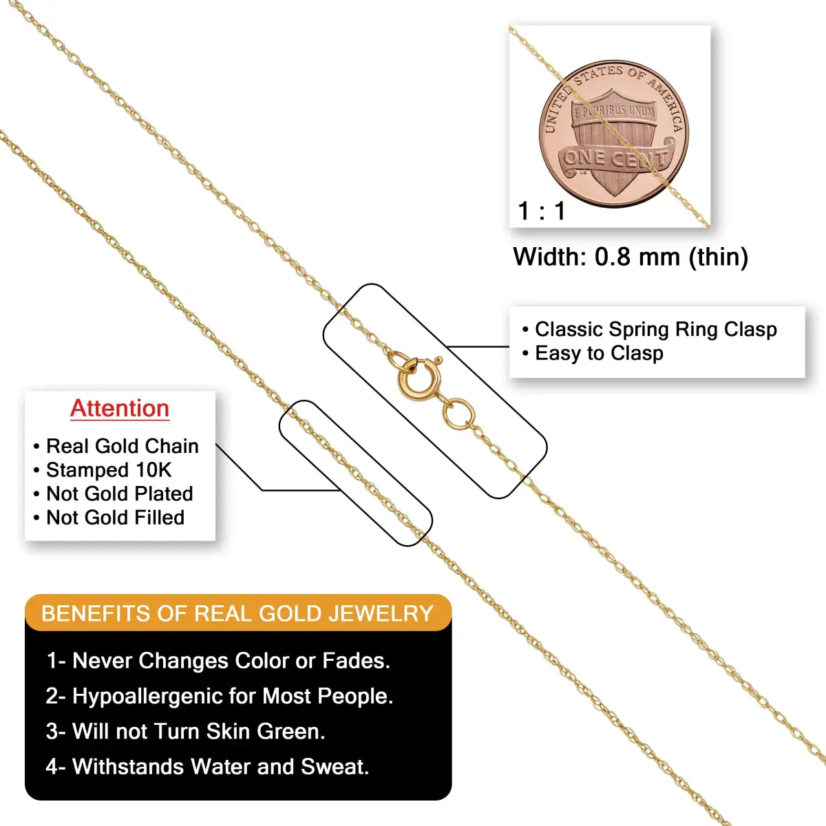 Kooljewelry 10k Gold Rope Chain Necklace 16 inches (40.64 cm) | Elegant Dainty Everyday Style - view 2