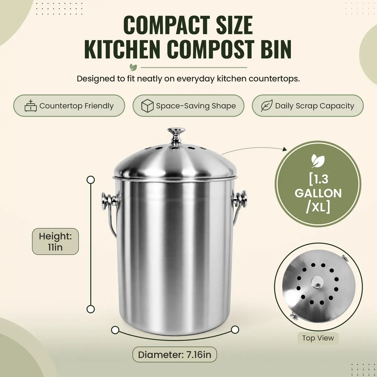 Epica Stainless Steel Kitchen Compost Bin 1.3 Gallon | Odor-Free, Rust-Resistant Countertop Container - view 2