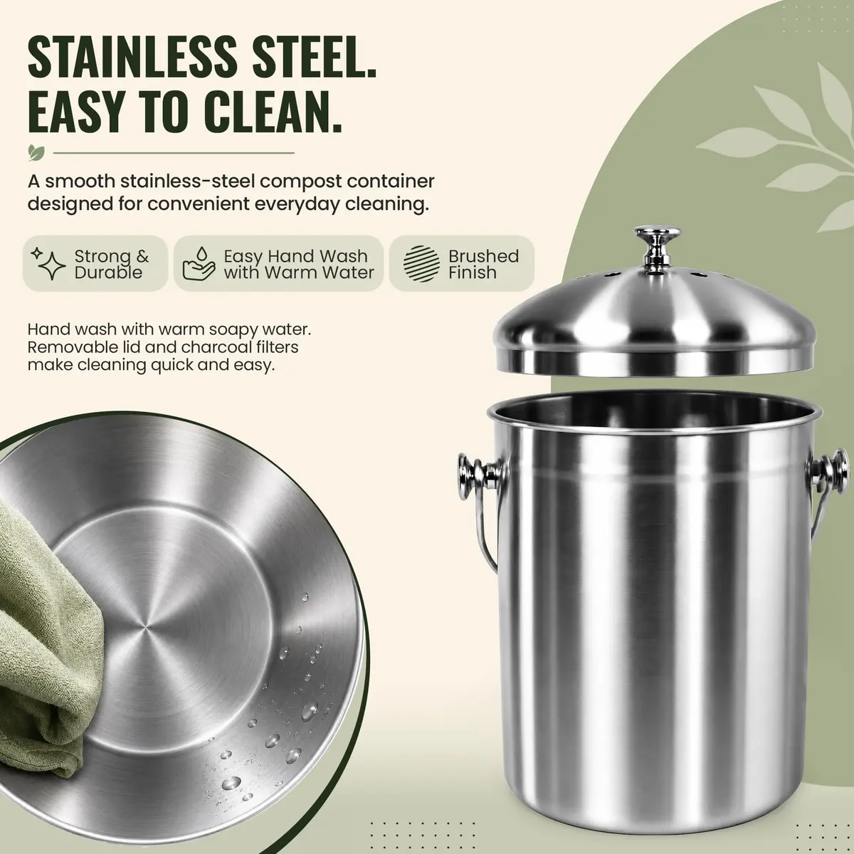 Epica Stainless Steel Kitchen Compost Bin 1.3 Gallon | Odor-Free, Rust-Resistant Countertop Container - view 3