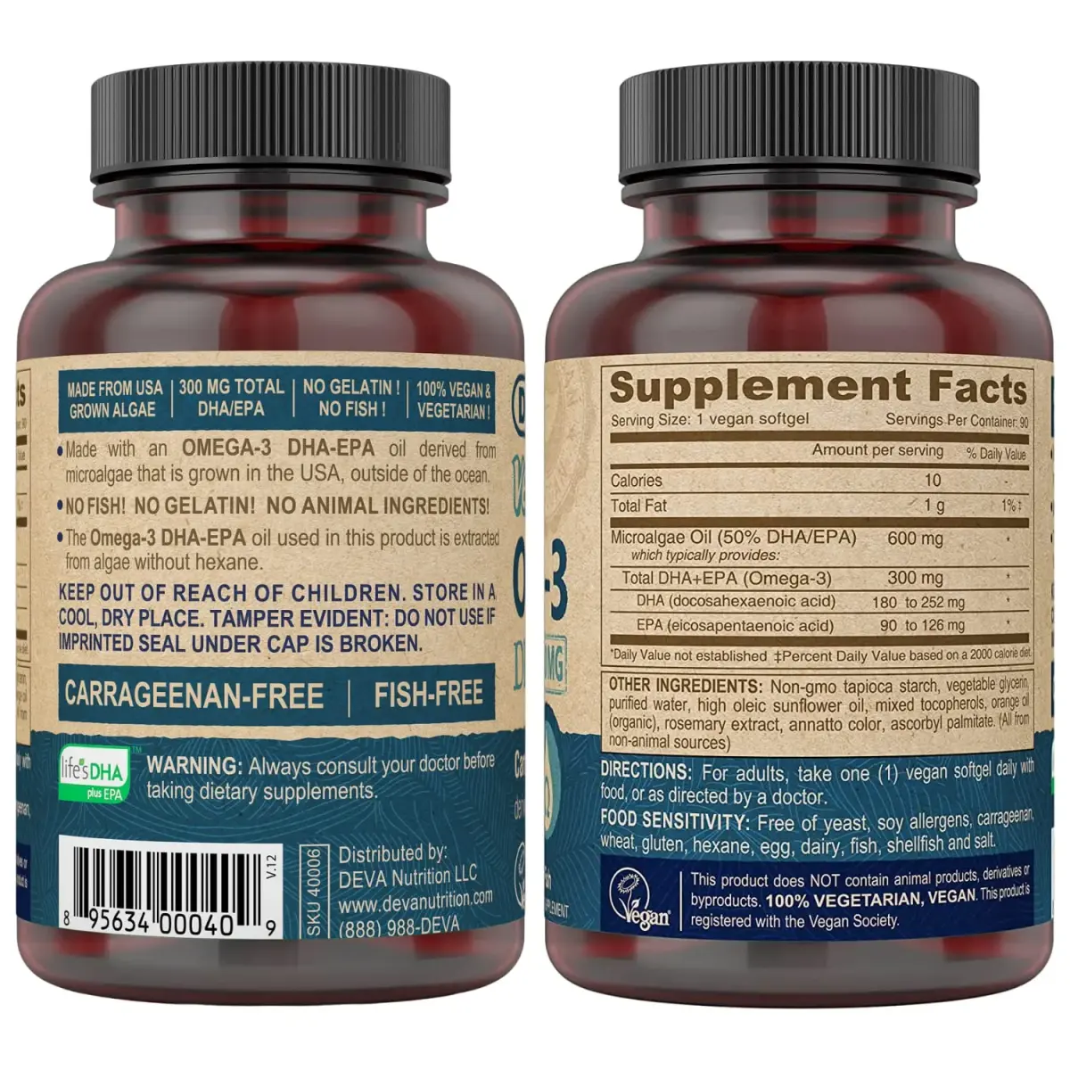 DEVA Vegan Omega-3 DHA-EPA 300 mg Algae Oil Softgels 90 Count | Certified Vegan, Carrageenan-Free - view 2