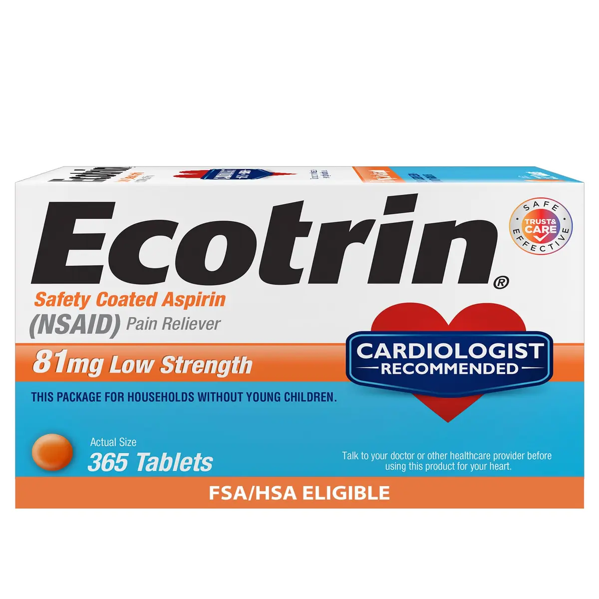 Ecotrin Low Strength Aspirin 81mg | Heart & Stomach Safe, 365 Tablets - main product image