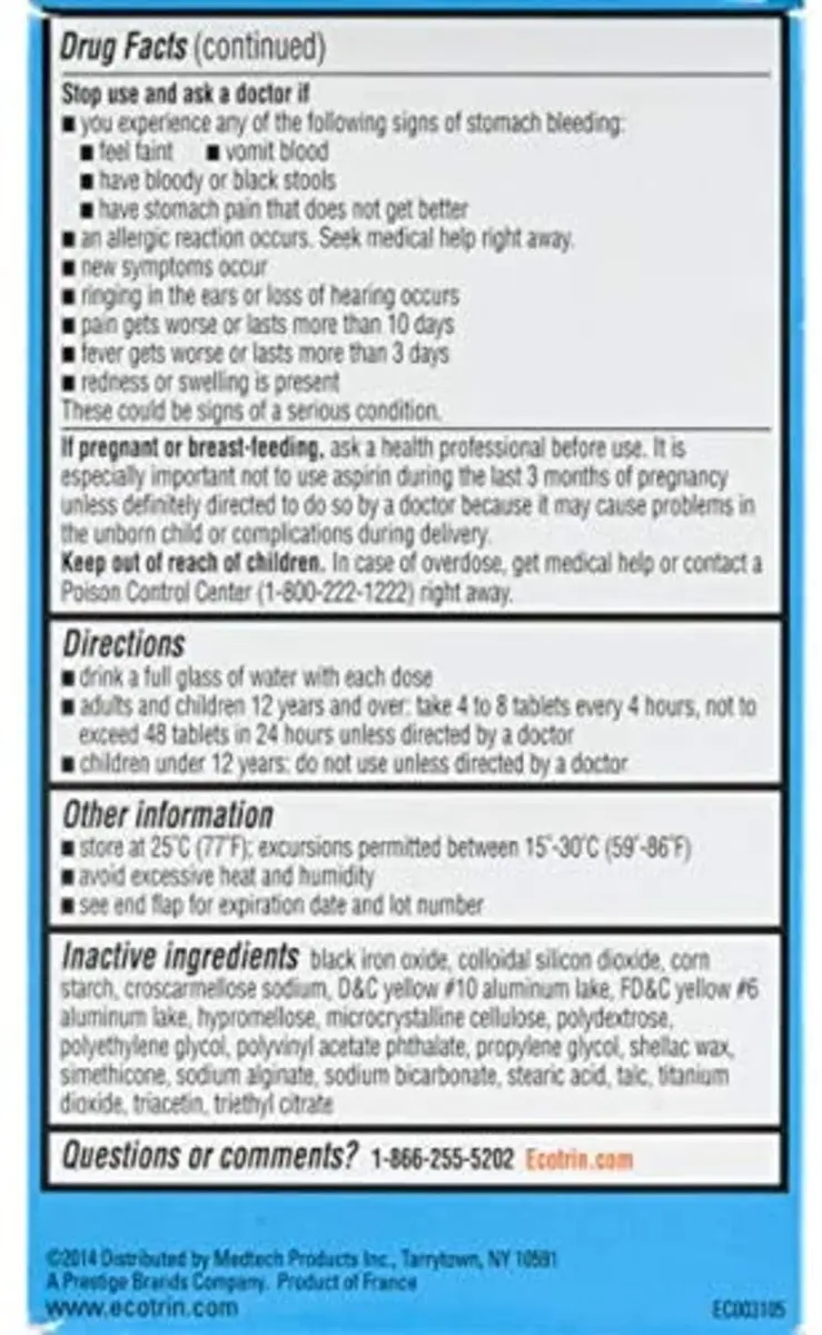 Ecotrin Low Strength Aspirin 81mg | Heart & Stomach Safe, 365 Tablets - view 5