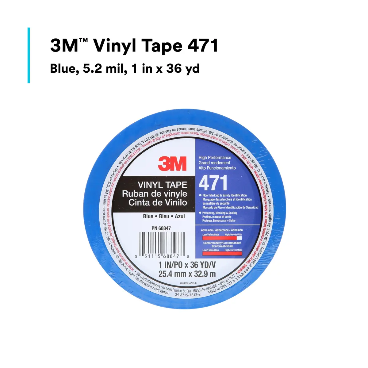 3M Vinyl Tape 471, 2.54 cm x 32.92 m (1 in x 36 yd), Blue | Durable Floor & Safety Marking Tape - view 2
