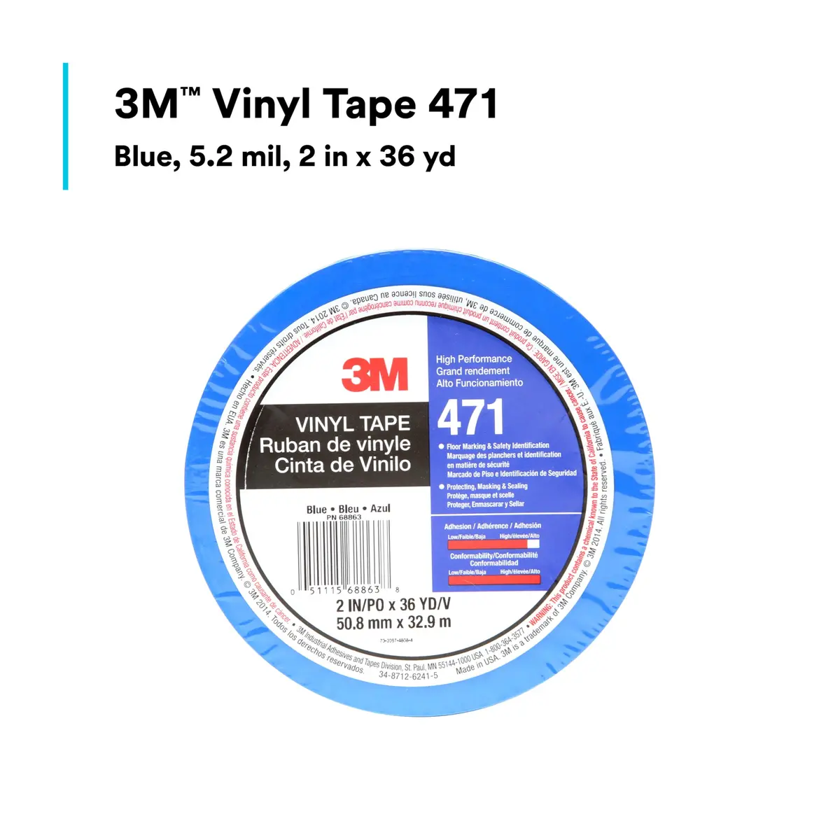 3M Vinyl Tape 471 Blue 2 in (48 mm) x 36 yd (32.9 m) | Clean Removal Floor Marking Tape - view 2