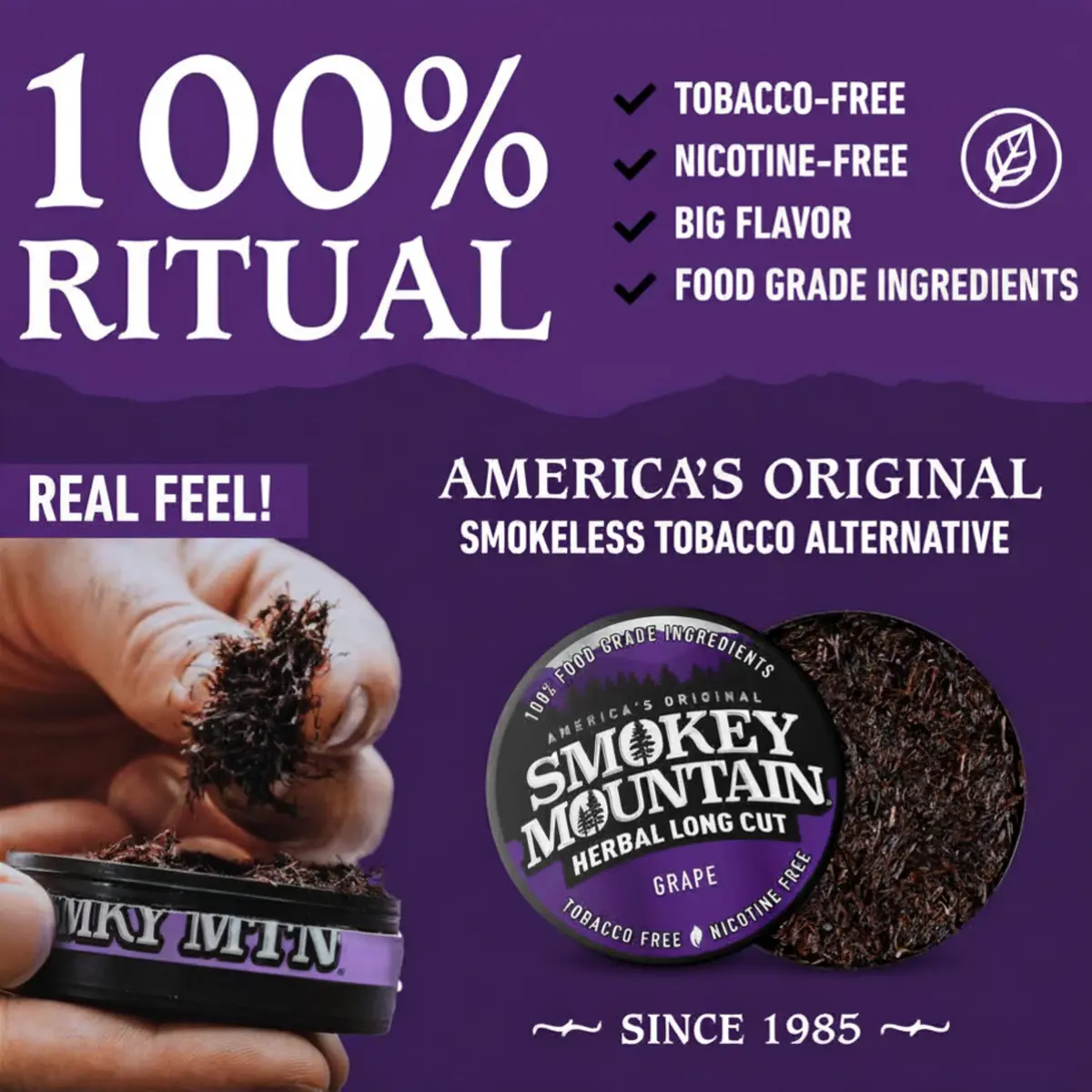 Smokey Mountain Herbal Long Cut Grape, 5 Can Box | Tobacco-Free Nicotine-Free Herbal Snuff - view 3