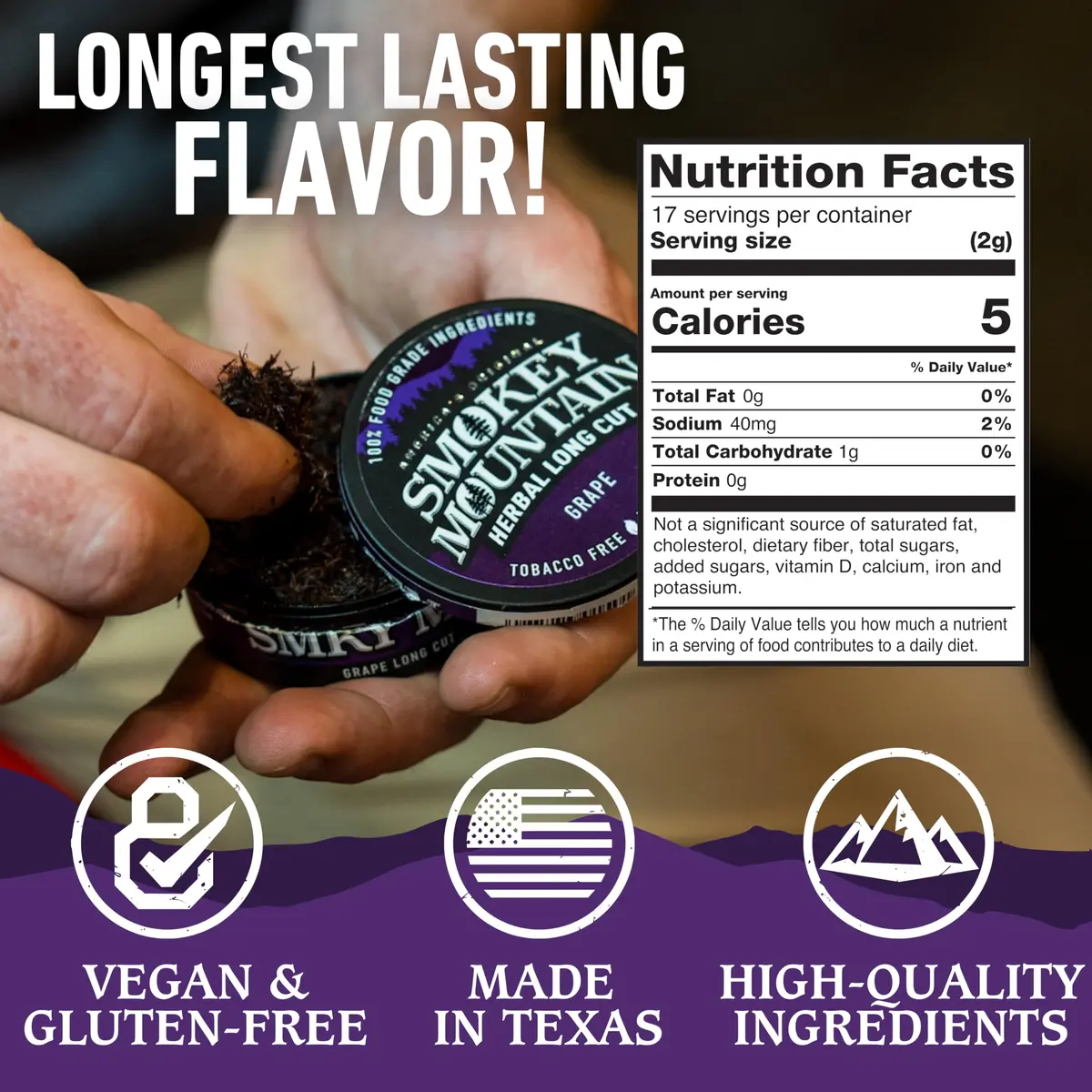 Smokey Mountain Herbal Long Cut Grape, 5 Can Box | Tobacco-Free Nicotine-Free Herbal Snuff - view 4