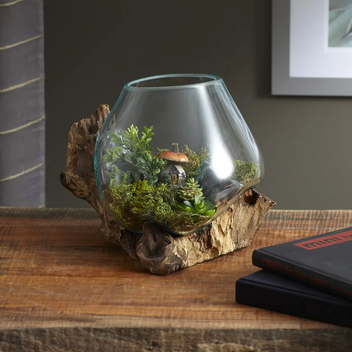 Cohasset Molten Glass | #650-24 | Handcrafted Terrarium & Fairy Garden Sculpture | 9.5" Wide | Recycled Glass & Wood - view 2