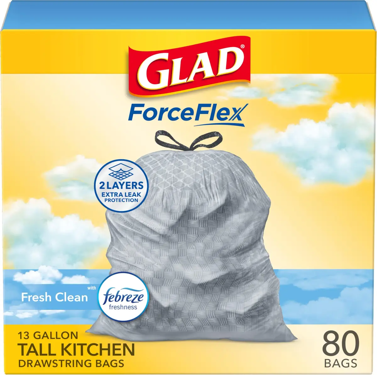 Glad ForceFlex Tall Kitchen Trash Bags 13 Gallon Grey 80 Count | Odor Control & Leak Protection - main product image