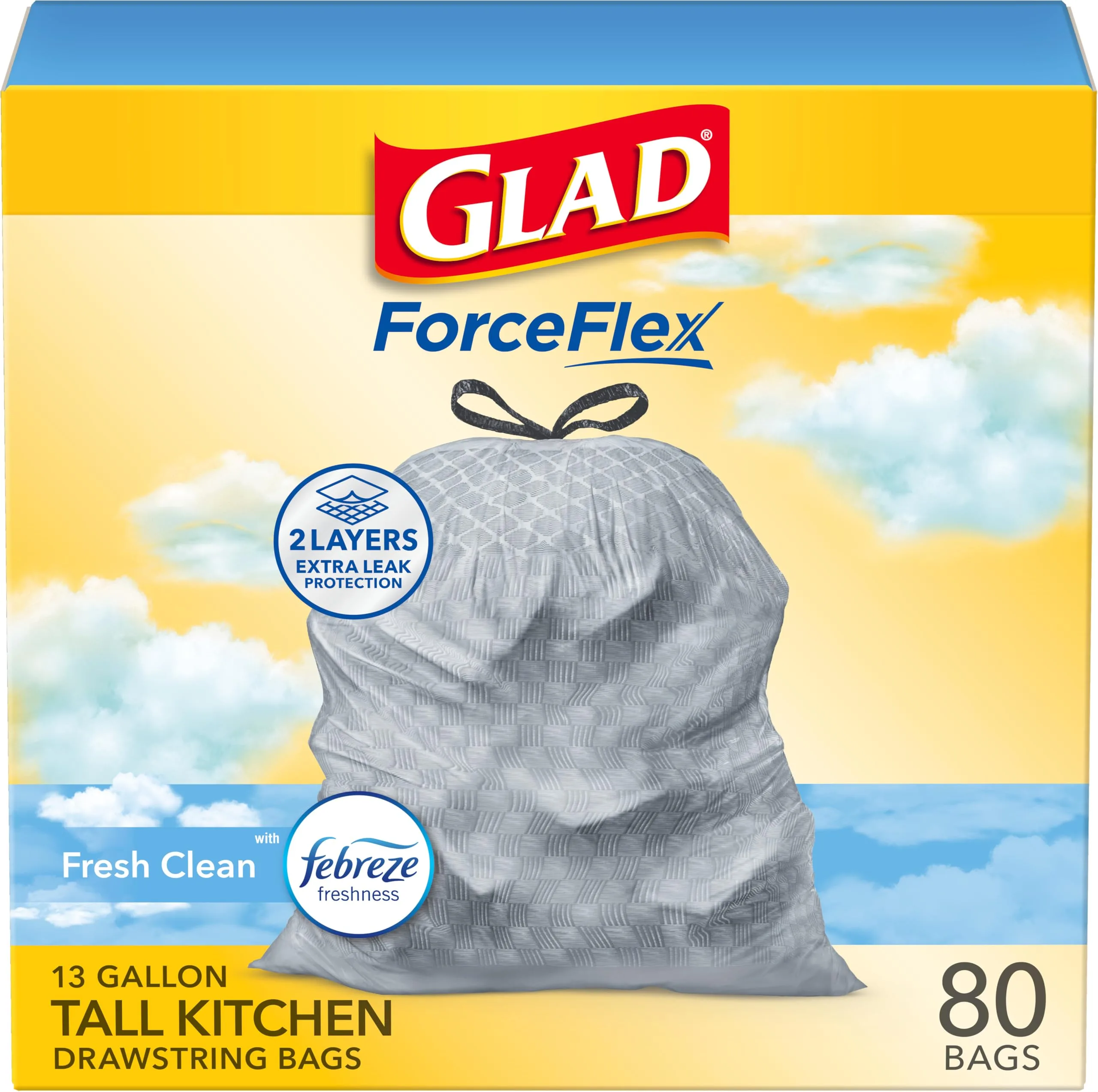 Glad ForceFlex Tall Kitchen Trash Bags, 13 Gallon, Fresh Clean Scent, 80 Count | Odor Control with Febreze - main product image