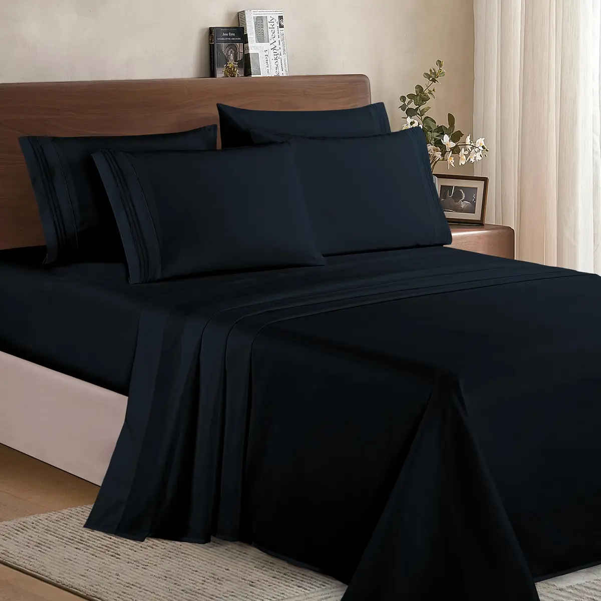 Elegant Comfort Full Bed Linen Set | Wrinkle-Resistant Microfiber Bedding (Full, Black) - view 2