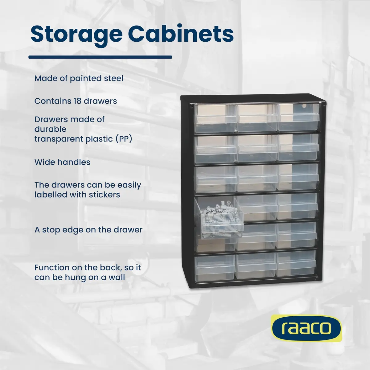 Raaco Steel Storage Cabinet, 18-Drawer | Durable Metal Hardware Organizer for Workshop & Garage - view 2