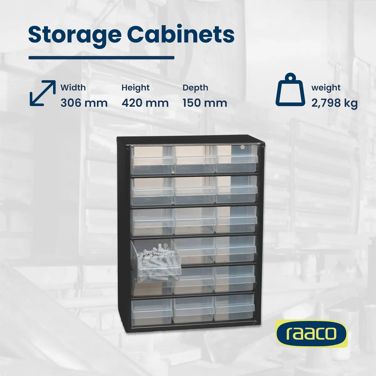 Raaco Steel Storage Cabinet, 18-Drawer | Durable Metal Hardware Organizer for Workshop & Garage - view 3
