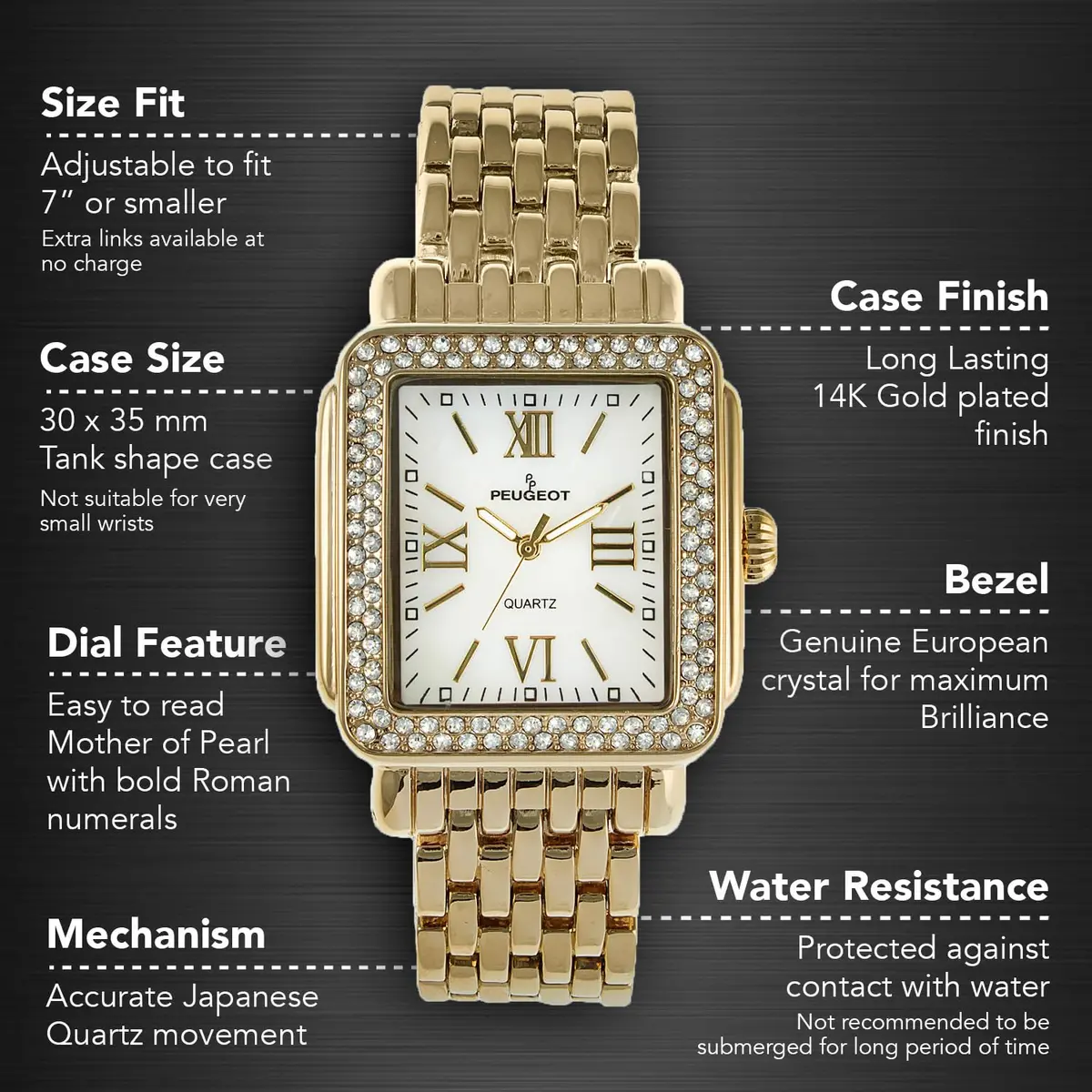 Peugeot Women's Rectangle Crystal Bezel Roman Numeral Bracelet Watch | Elegant Mother-of-Pearl Dial (30mm) for Women - view 6