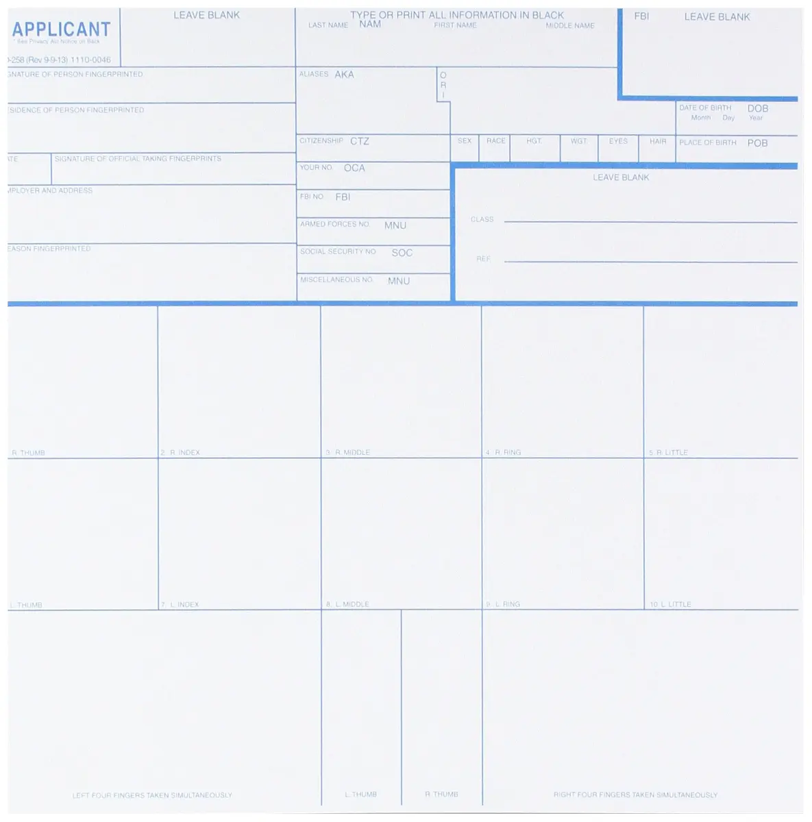 Federal Bureau of Investigation FD-258 Fingerprint Cards, Applicant Form 8" x 8" (10-Pack) - main product image