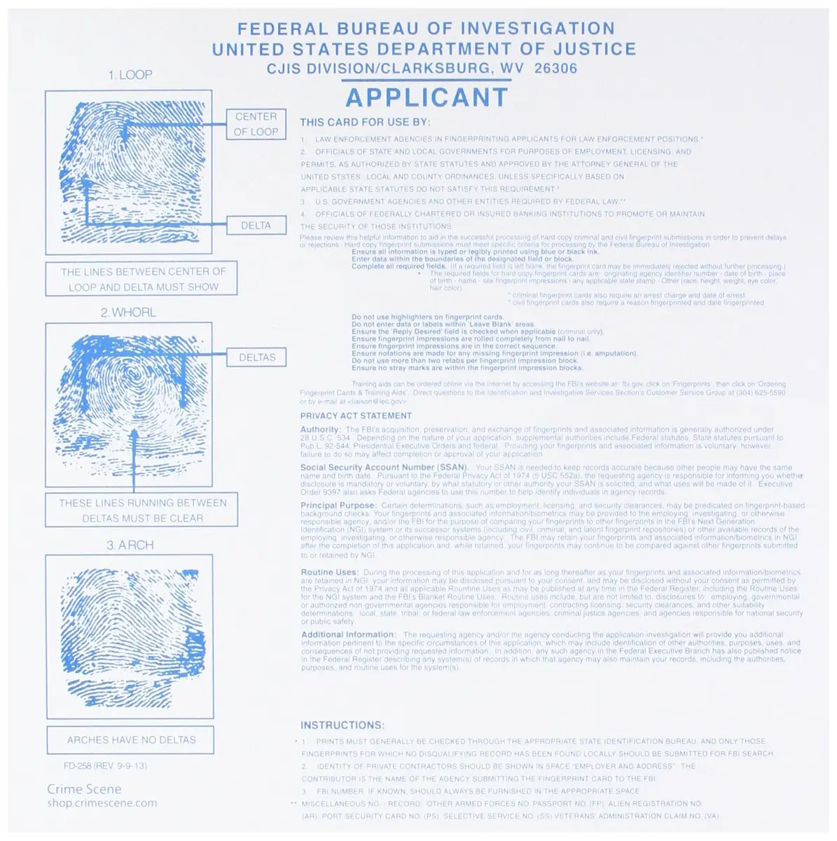 Federal Bureau of Investigation FD-258 Fingerprint Cards, Applicant Form 8" x 8" (10-Pack) - view 2