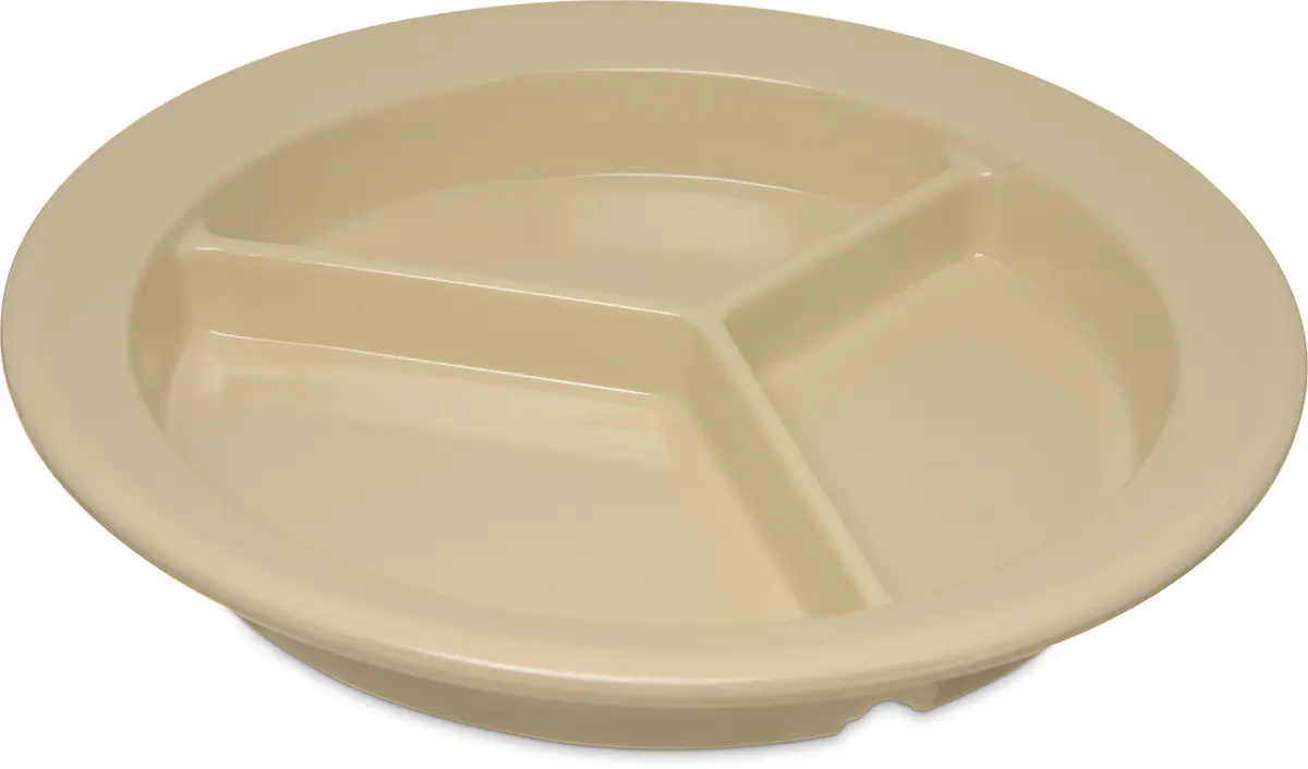 Carlisle FoodService Dallas Ware Plastic Divided Plate 9 Inches | Heavyweight Melamine, 3 Compartments, Tan, Pack of 24 - main product image
