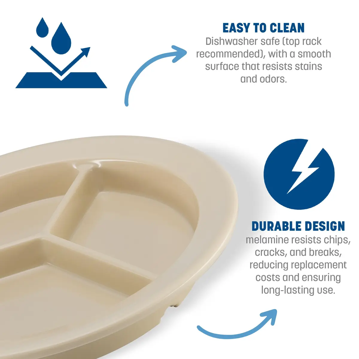 Carlisle FoodService Dallas Ware Plastic Divided Plate 9 Inches | Heavyweight Melamine, 3 Compartments, Tan, Pack of 24 - view 3