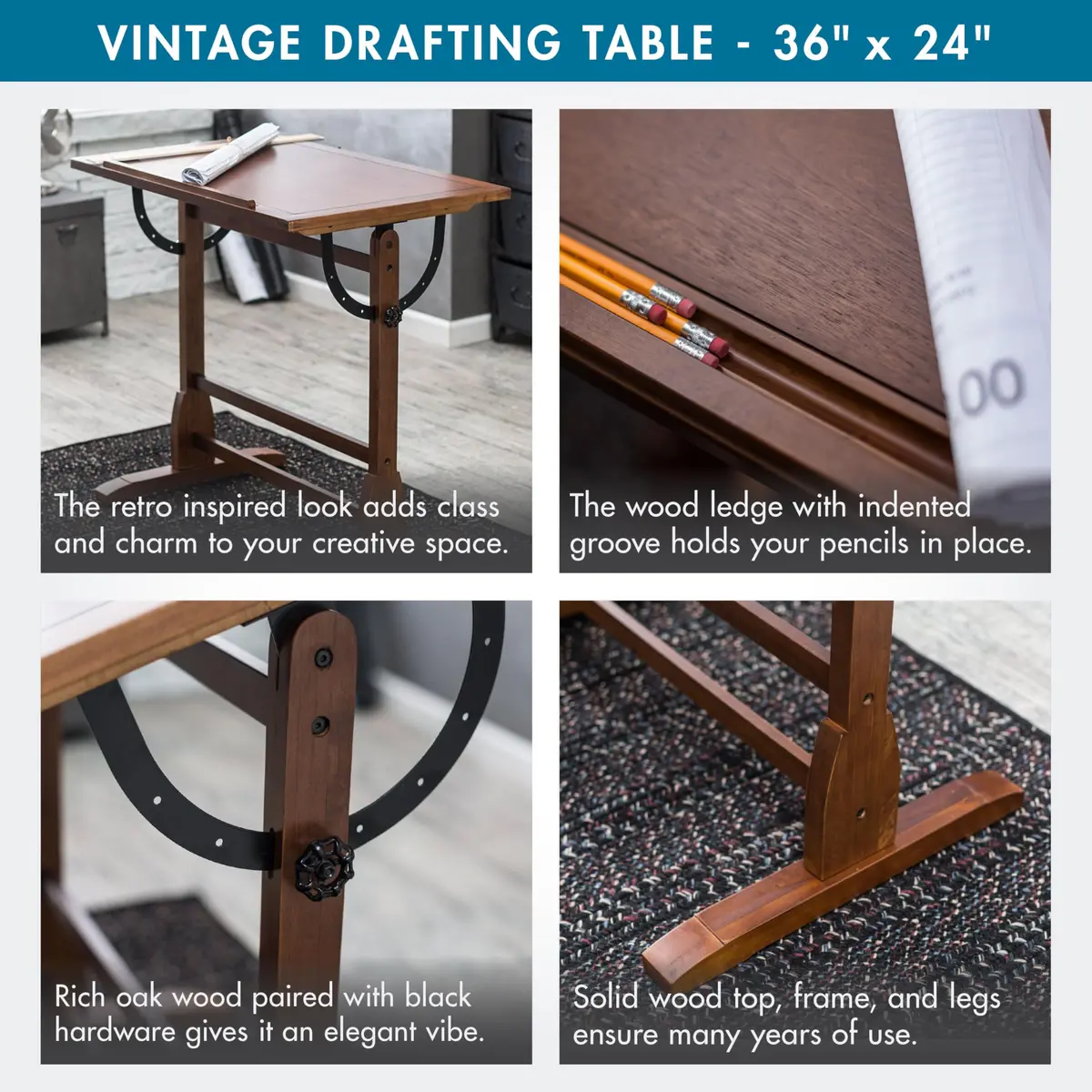 SD STUDIO DESIGNS Vintage Rustic Oak Drafting Table | Adjustable Craft & Studio Desk - view 3