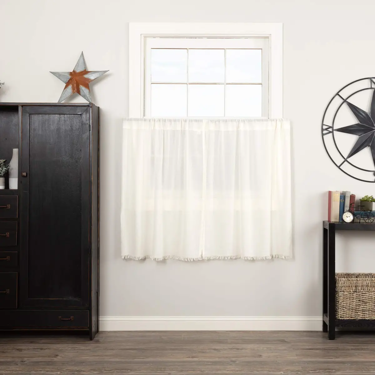 VHC Brands Tobacco Cloth Tier Fringed Curtains 36x36 inch | Sheer White Farmhouse Decor - main product image