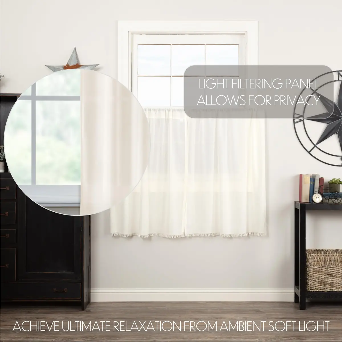 VHC Brands Tobacco Cloth Tier Fringed Curtains 36x36 inch | Sheer White Farmhouse Decor - view 3