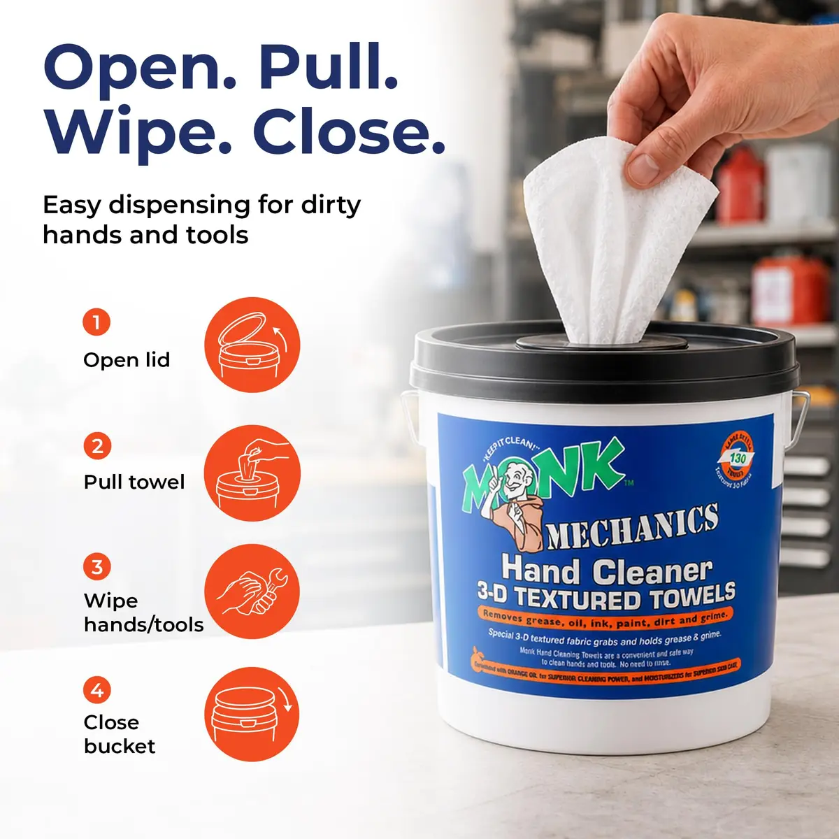 Monk Hand Cleaner Towels (4 Buckets of 130 Count) | Heavy-Duty Grease & Dirt Removal for Mechanics & Workshops - view 5