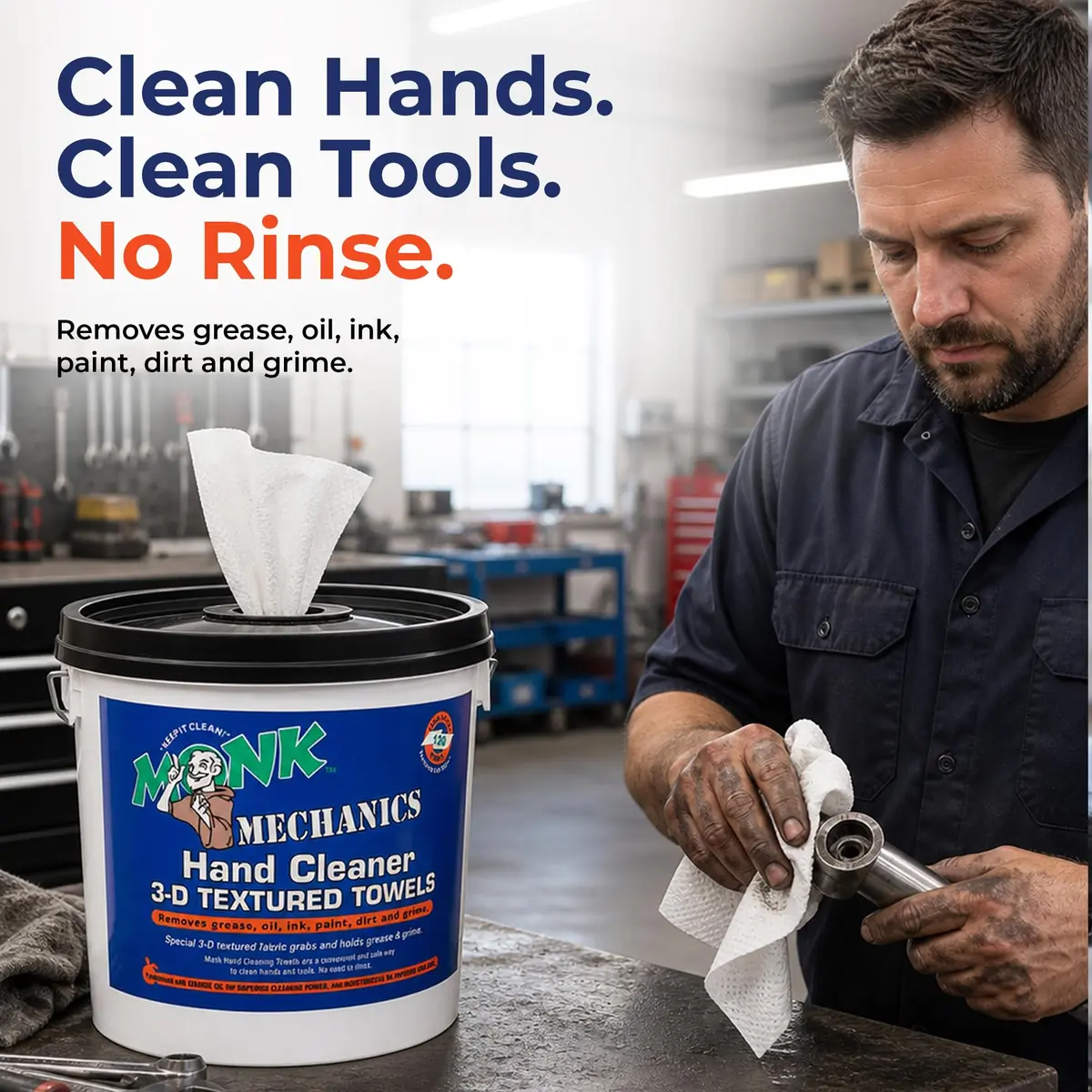 Monk Hand Cleaner Towels (4 Buckets of 130 Count) | Heavy-Duty Grease & Dirt Removal for Mechanics & Workshops - view 2