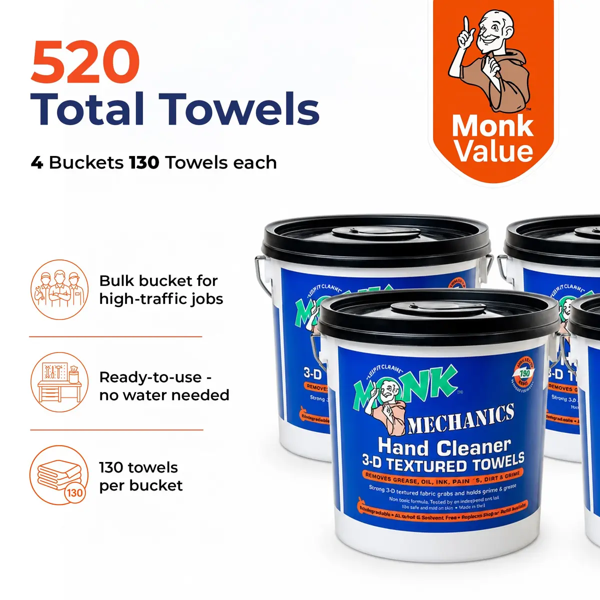 Monk Hand Cleaner Towels (4 Buckets of 130 Count) | Heavy-Duty Grease & Dirt Removal for Mechanics & Workshops - view 3