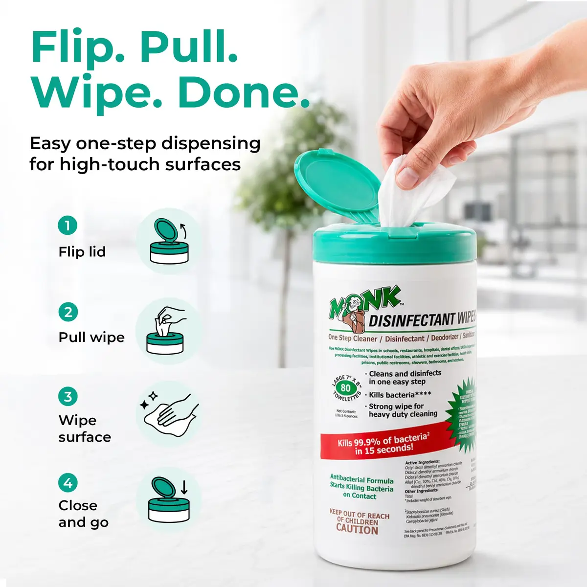 Monk Disinfecting Wipes 80 Count | Heavy Duty Surface Disinfectant for Commercial & Home Use - view 5
