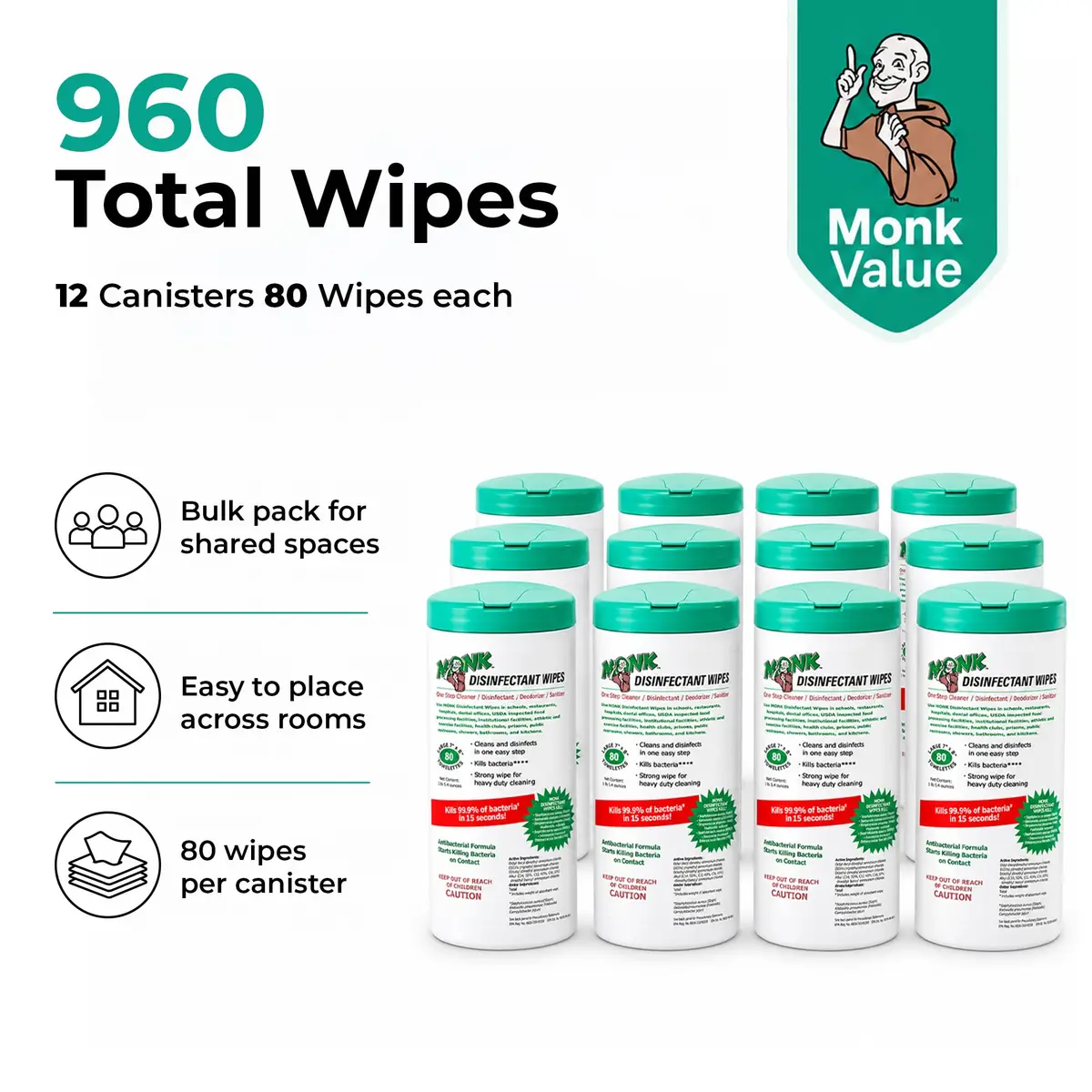 Monk Disinfecting Wipes 80 Count | Heavy Duty Surface Disinfectant for Commercial & Home Use - view 3