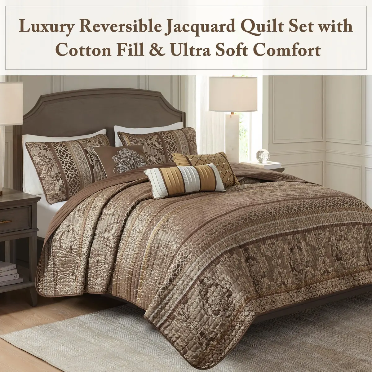 Madison Park Bellagio Jacquard Quilt Set King/Cal King | Geometric Damask Pattern, Lightweight for Summer & Layering - view 2